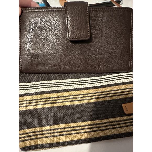 EUC Fossil Felicity Tote Brown Black White Yellow Stripe AND Leather Wallet - Picture 10 of 16